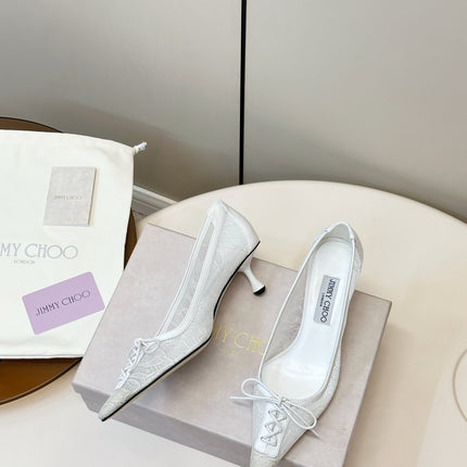 JIMMY CHOO 26S LACE-UP HEELS IN WHITE LACE AND LAMBSKIN