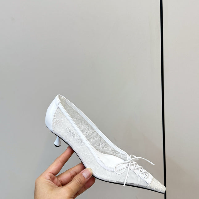JIMMY CHOO 26S LACE-UP HEELS IN WHITE LACE AND LAMBSKIN