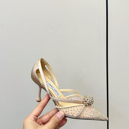JIMMY CHOO 26S POINTED-TOE HIGH HEELS IN BEIGE CRYSTAL EMBELLISHMENT