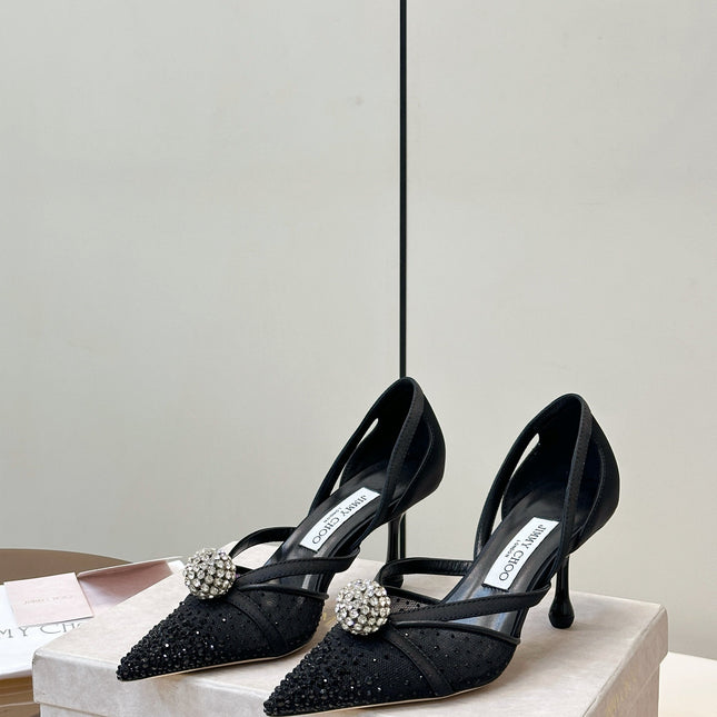 JIMMY CHOO 26S POINTED-TOE HIGH HEELS IN BLACK CRYSTAL EMBELLISHMENT