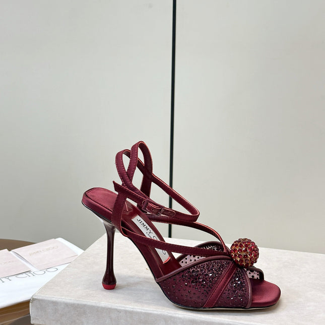 JIMMY CHOO 26S  HEELED SANDALS 100 MM IN DARK RED CRYSTAL EMBELLISHMENT