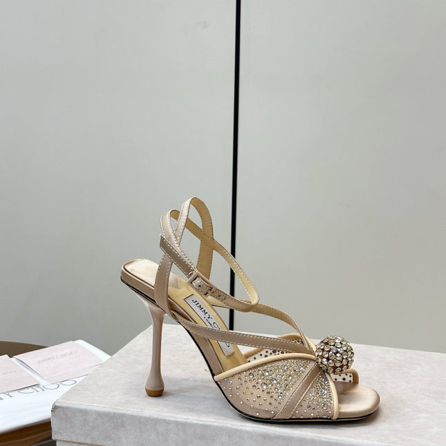 JIMMY CHOO 26S HEELED SANDALS 100 MM IN BEIGE CRYSTAL EMBELLISHMENT