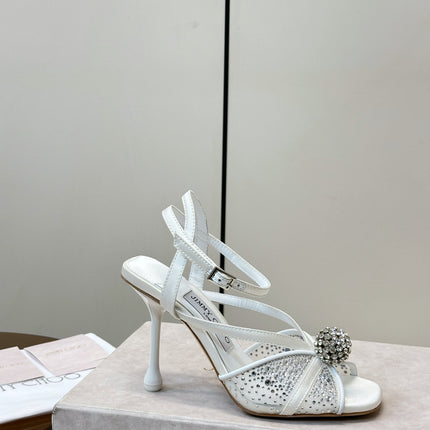 JIMMY CHOO 26S HEELED SANDALS 100 MM IN WHITE CRYSTAL EMBELLISHMENT
