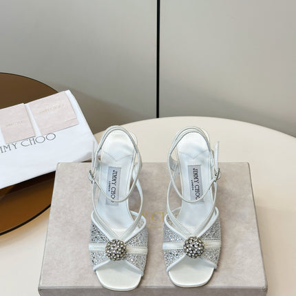 JIMMY CHOO 26S HEELED SANDALS 100 MM IN WHITE CRYSTAL EMBELLISHMENT