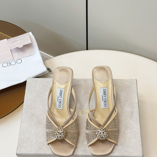 JIMMY CHOO 26S SACORA MULE 80 MM IN BEIGE CRYSTAL EMBELLISHMENT