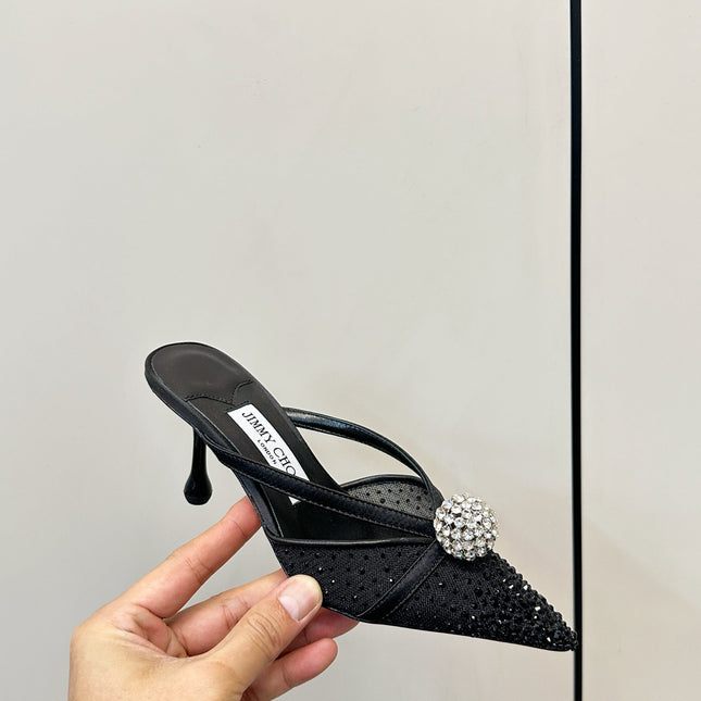 JIMMY CHOO 26S HEELED MULES 80 MM IN BLACK CRYSTAL EMBELLISHMENT