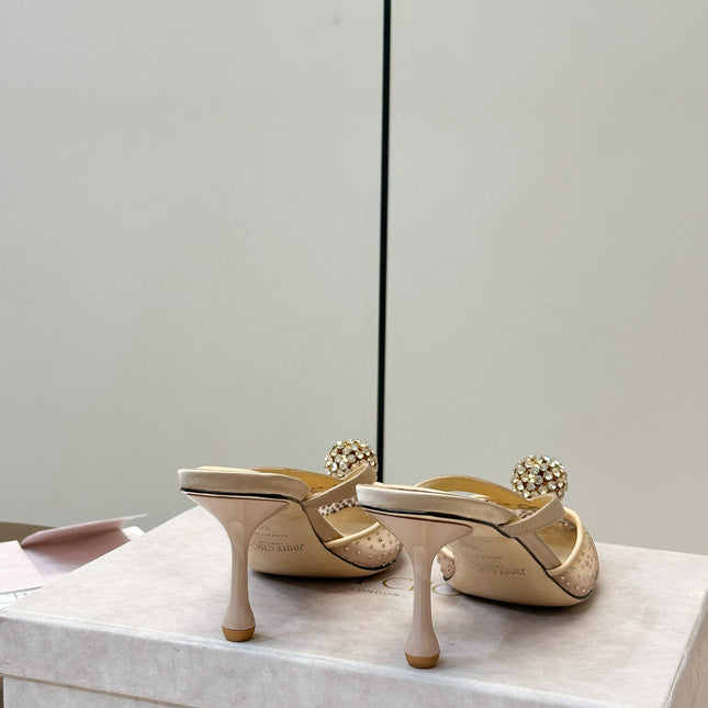 JIMMY CHOO 26S HEELED MULES 80 MM IN BEIGE CRYSTAL EMBELLISHMENT