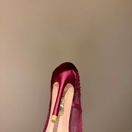 AQUAZZURA 26S HIGH HEELS 105 MM IN DARK RED LACE MESH AND SATIN