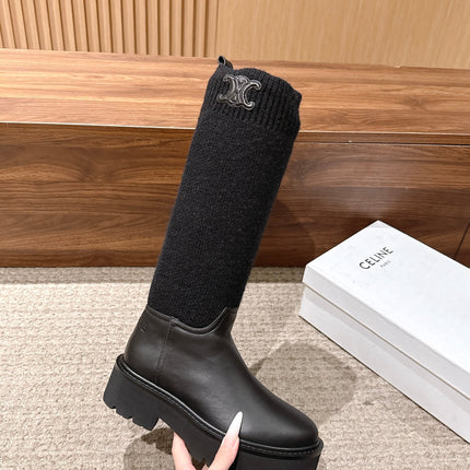CELINE 26S KNEE HIGH BOOTS 45 MM IN BLACK CALFSKIN AND KNIT SOCK
