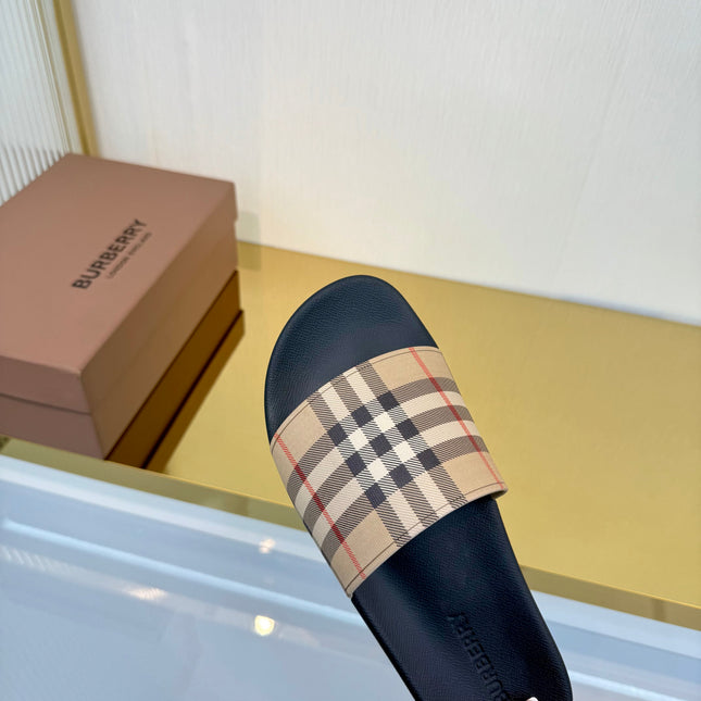 BURBERRY 26S SLIDES SANDAL IN BLACK BEIGE CALFSKIN