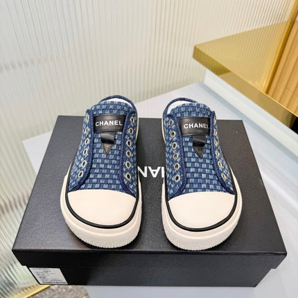 CHANEL 26S MULE SNEAKERS IN NAVY BLUE CHECKERED WOVEN DENIM FABRIC