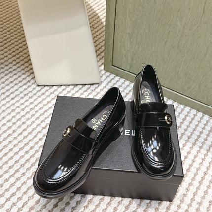 CHANEL 25S GODDESS MOCCASIN LOAFERS 65MM IN BLACK GLOSSY CALFSKIN GOLD HARDWARE
