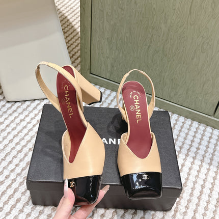 CHANEL 25S HIGH-HEELED SQUARE-TOE SLINGBACK 90MM IN DARK BEIGE AND BLACK CALFSKIN