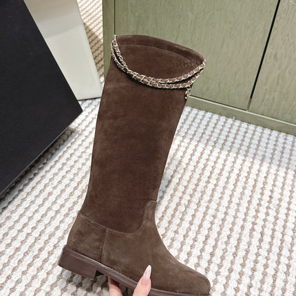CHANEL 25S KNEE-HIGH BOOTS IN DARK BROWN SUEDE GOLD HARDWARE