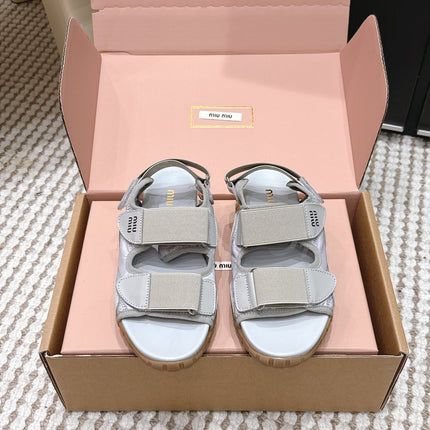 MIUMIU 26S VELCRO SANDALS IN GRAY CALFSKIN AND NYLON SILVER HARDWARE