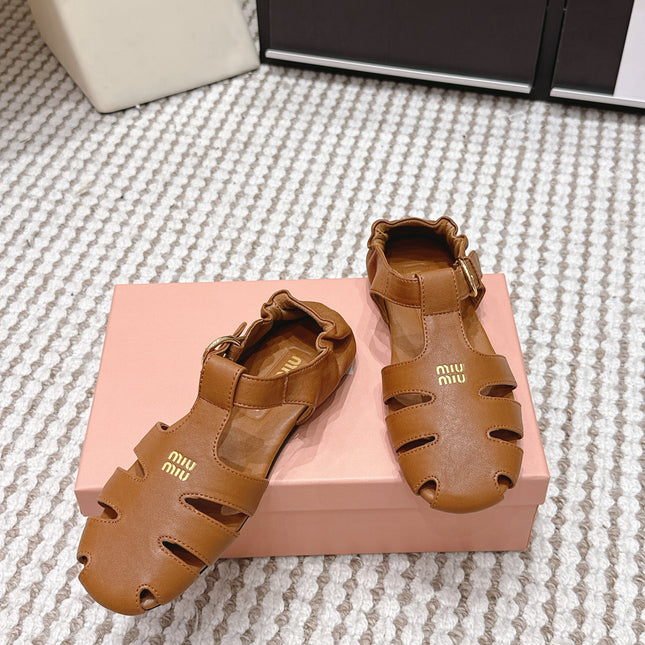 MIUMIU 26S RUCHES FISHERMAN SANDALS IN BROWN ORANGE CALFSKIN GOLD HARDWARE