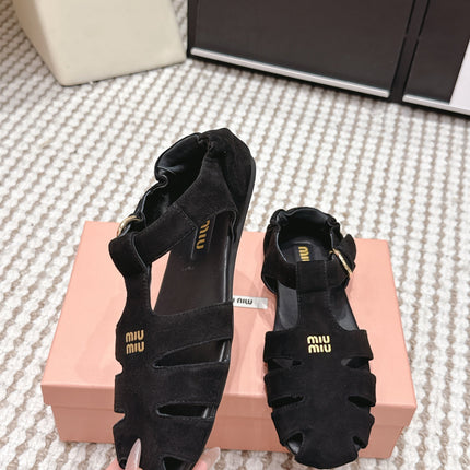 MIUMIU 26S RUCHES FISHERMAN SANDALS IN BLACK SUEDE GOLD HARDWARE
