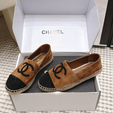 CHANEL 26S ESPADRILLE SLIP-ONS IN BROWN MIX BLACK SUEDE
