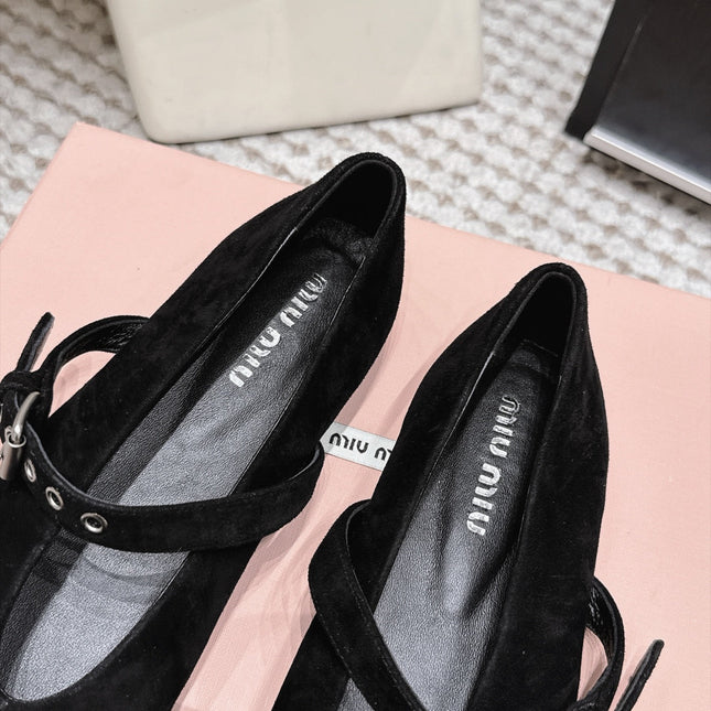 MIUMIU 26S MARY JANE BALLET IN BLACK SUEDE WITH BUCKLE STRAP