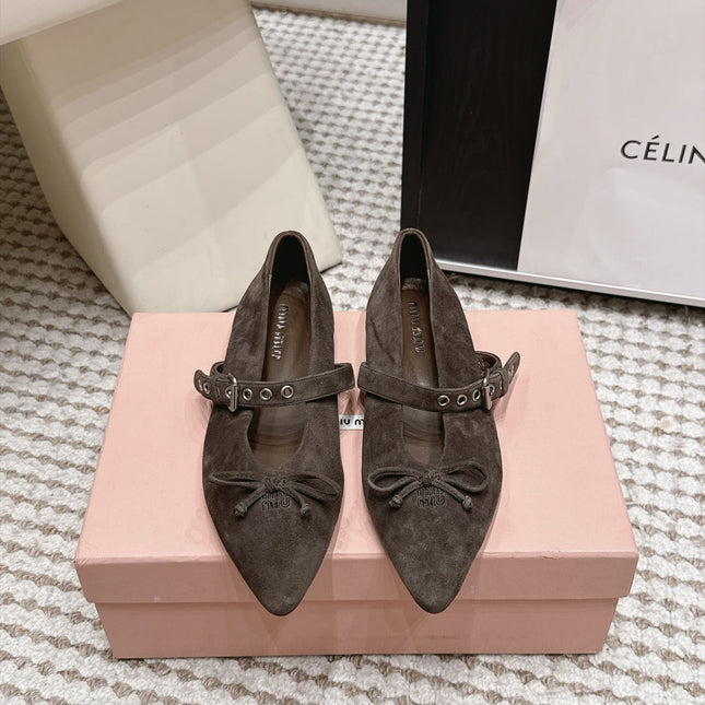 MIUMIU 26S MARY JANE BALLET IN TAUPE BROWN SUEDE WITH BUCKLE STRAP