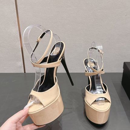 YSL 26S PLATFORM SANDALS 155 MM IN BEIGE PATENT LEATHER