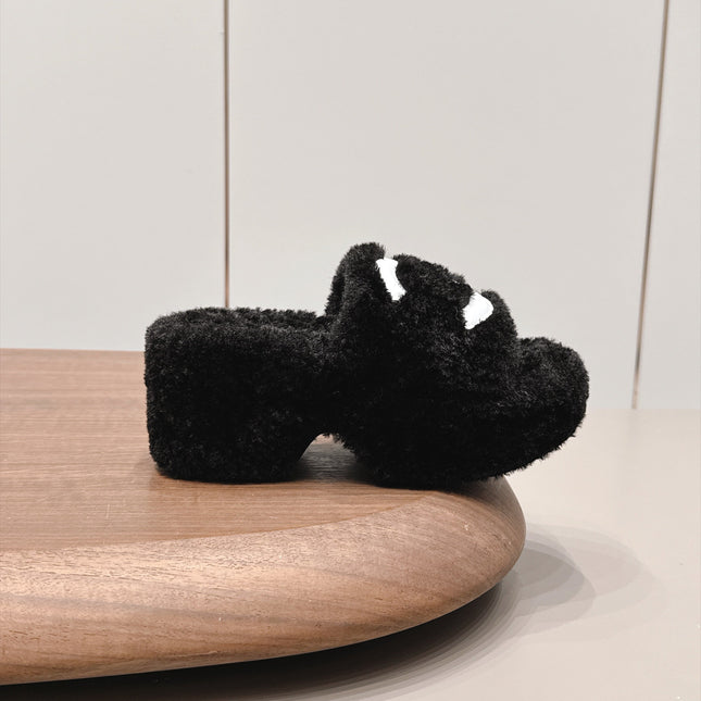 CHANEL 26S HIGH HEEL MULES IN BLACK SHEARLING