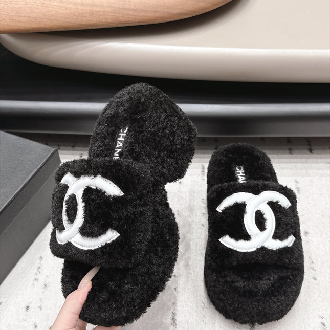 CHANEL 26S HIGH HEEL MULES IN BLACK SHEARLING