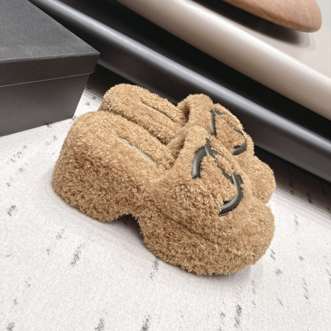 CHANEL 26S HIGH HEEL MULES IN BEIGE BLACK SHEARLING