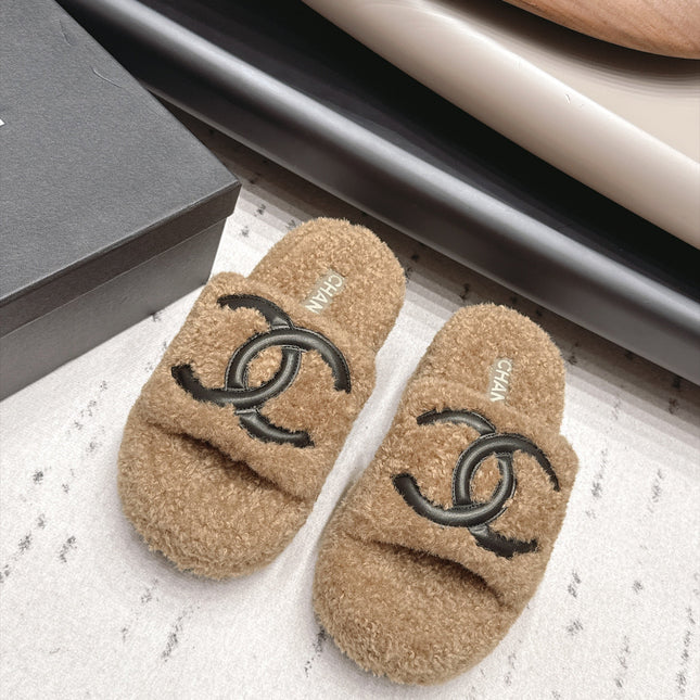 CHANEL 26S HIGH HEEL MULES IN BEIGE BLACK SHEARLING
