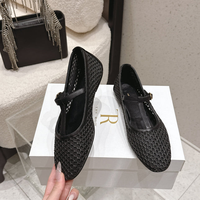 THE ROW 26S MARY JANE FLATS IN BLACK CALFSKIN AND MESH