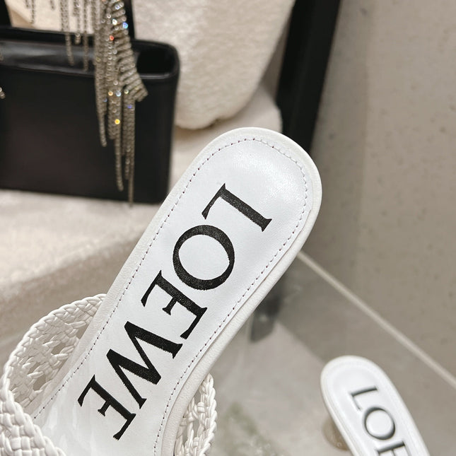 LOEWE 26S WOVEN HEEL SANDALS 50 MM IN WHITE LAMBSKIN