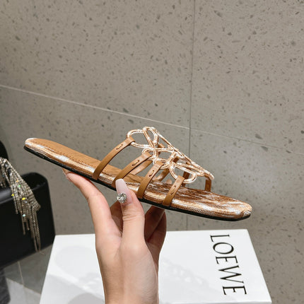 LOEWE 26S BRAIDED CAGE SLIDE SANDALS IN TAN BROWN CALFSKIN