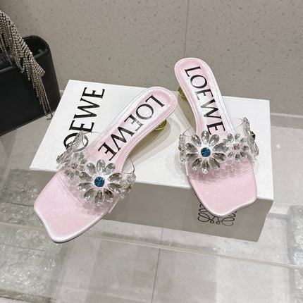 LOEWE 26S MULE HEELS 45MM IN LIGHT PINK PVC WITH CRYSTAL FLORAL