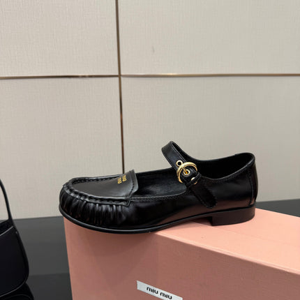 MIUMIU 25S LOAFERS WITH STRAP IN BLACK LAMBSKIN