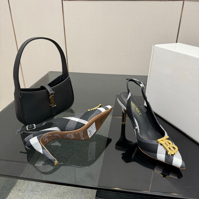 BURBERRY 26S SLINGBACK HEELS 85 MM IN STRIPED COLOR COORDINATION FABRIC WITH GOLD HARDWARE STYLE 6