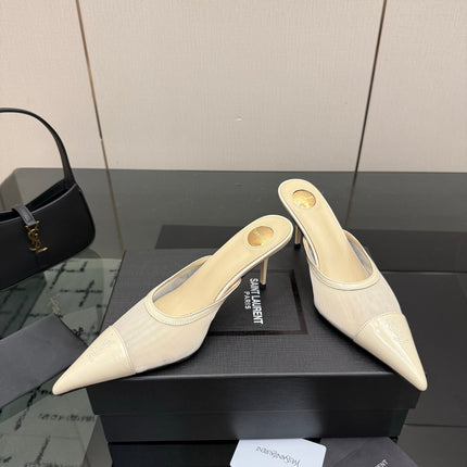 YSL 26S HIGH-HEEL MULES IN BEIGE CALFSKIN AND MESH FABRIC