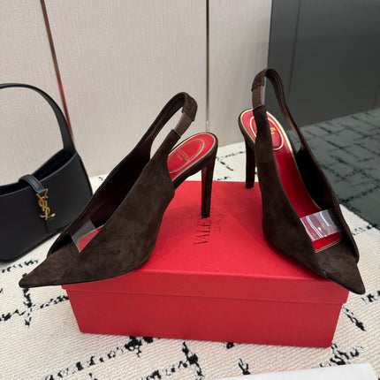 VALENTINO 26S POINTED-TOE SLINGBACKS IN DARK BROWN SUEDE