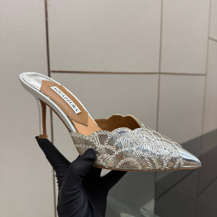 AQUAZZURA 26S HEEL MULES 85 MM IN SILVER SEQUIN AND CALFSKIN