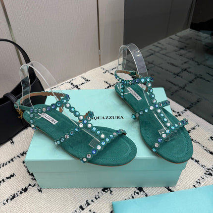 AQUAZZURA 26S FLAT SANDALS IN EMERALD GREEN SUEDE CRYSTAL-EMBELLISHED