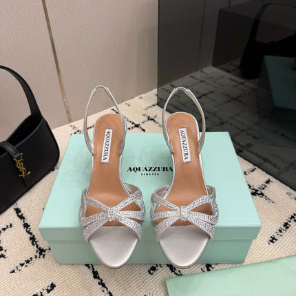 AQUAZZURA 26S HEEL SANDALS 80 MM IN SILVER CALFSKIN CRYSTAL STONES