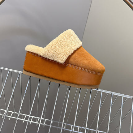 CELINE 26S WEDGE MULES IN ORANGE BROWN SUEDE AND BEIGE WOOL