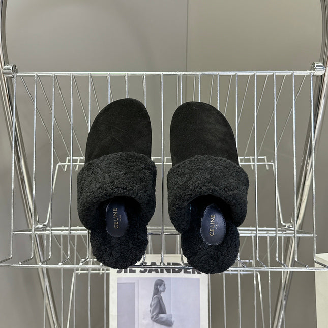 CELINE 26S WEDGE MULES IN BLACK SUEDE AND WOOL