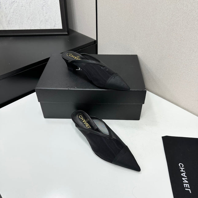 CHANEL 26S HIGH HEELS MULES 35 MM IN BLACK MESH