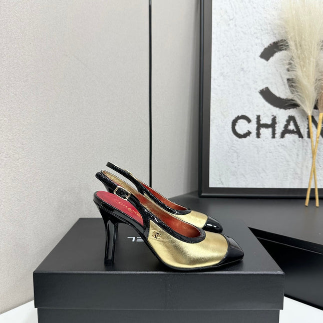 CHANEL 26S HIGH HEEL SLINGBACK IN GOLD LAMBSKIN AND BLACK PATENT CALFSKIN