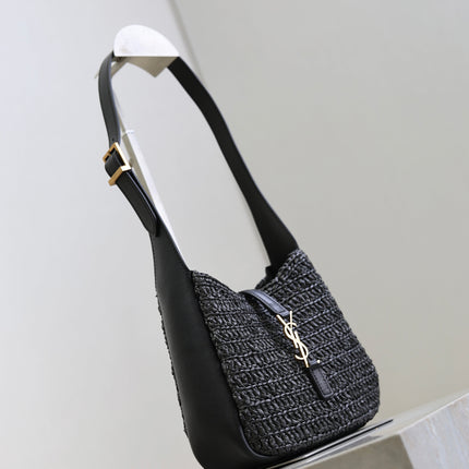 YSL 25S LE 5 À 7 SUPPLE SMALL 16 IN BLACK RAFFIA AND LEATHER GOLD HARDWARE