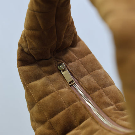 YSL 25S ICARINO 44 IN CARAMEL QUILTED SUEDE GOLD HARDWARE