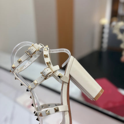 VALENTINO 26S STUDDED HIGH HEEL SANDALS 90 MM IN CREAM WHITE CALFSKIN