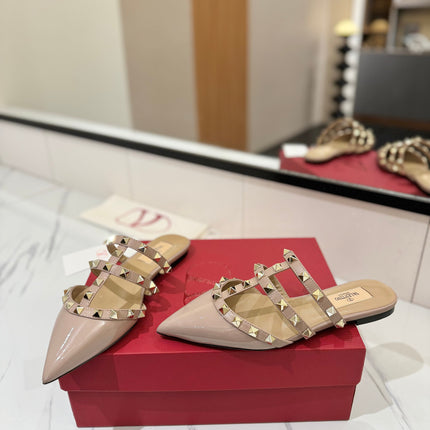 VALENTINO 26S STUDDED FLAT MULES IN NUDE PATENT CALFSKIN