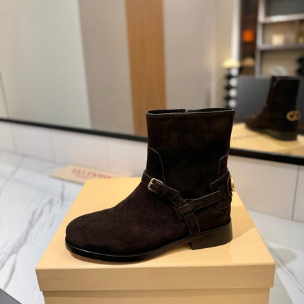 VALENTINO 25S PATTIE ANKLE BOOTS IN DARK BROWN SUEDE WITH GOLD HARDWARE