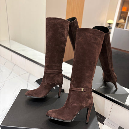 YSL 26S KNEE-HIGH BOOTS 90 MM IN DARK BROWN SUEDE